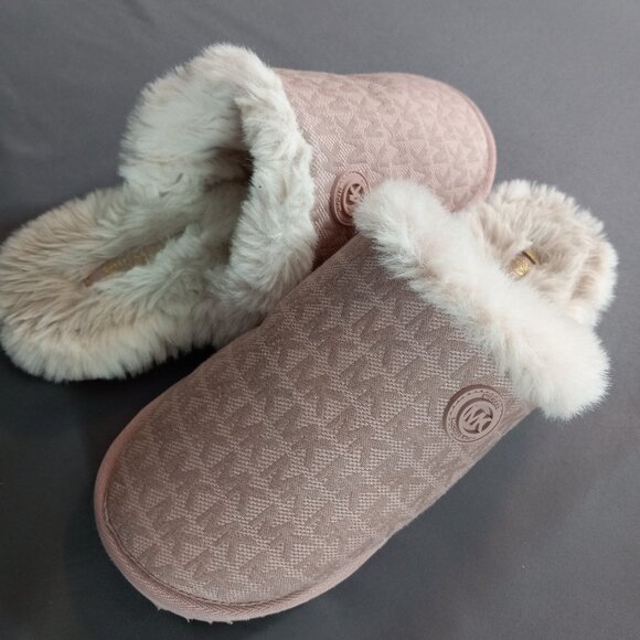 Michael Kors Janis Faux Fur-Lined Logo Jacquard Slipper 9 M Soft Pink - Picture 1 of 10